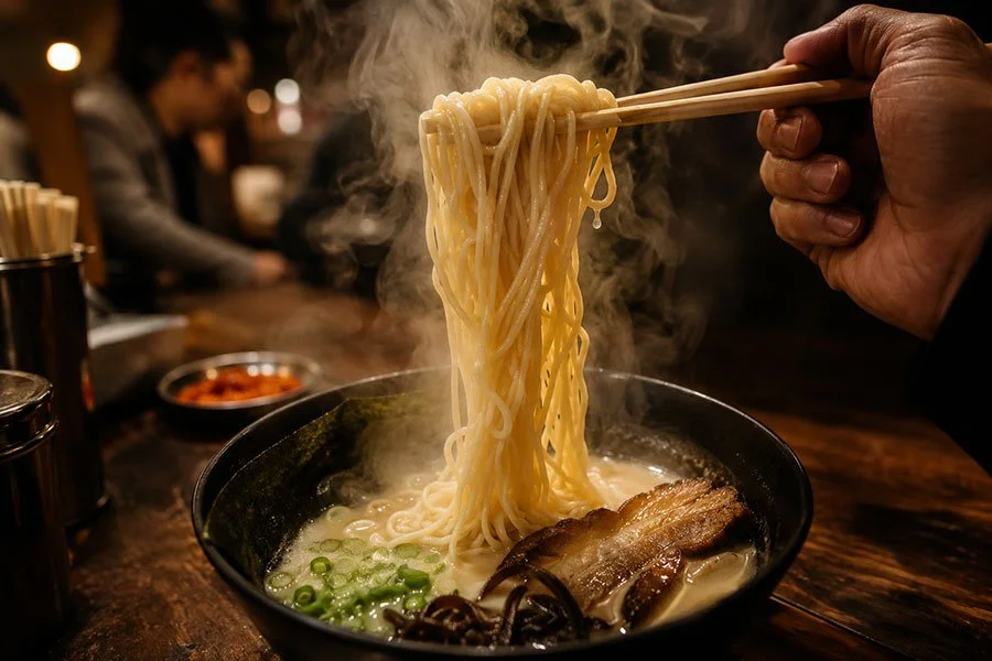 Chopsticks lifting steaming ramen noodles above a bowl of cloudy tonkotsu broth with chashu pork and spring onion, in a dim noodle bar.