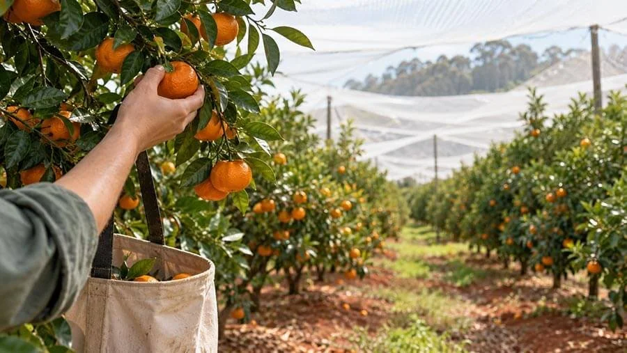 A hand picks a ripe mandarin from a laden tree beside a canvas picking bag, with rows of mandarin trees stretching under white hail netting over red-brown soil.