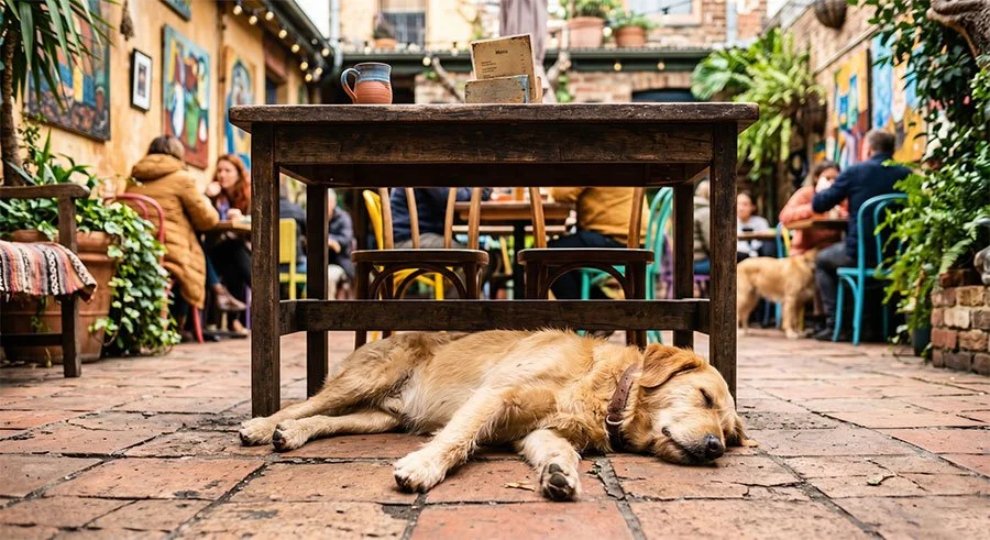 A golden retriever sleeping contentedly under a cafe table in a vibrant, plant-filled courtyard in Melbourne, with other diners and a dog softly blurred in the background