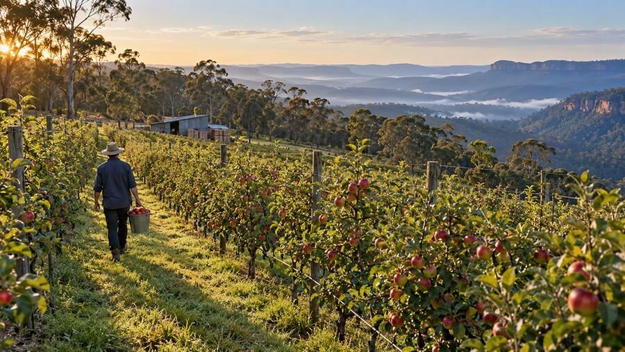 A person in a wide-brimmed hat carries a bucket of red apples between trellised rows of fruit-laden apple trees, above misty forested valleys and sandstone escarpments with the sun low on the horizon.