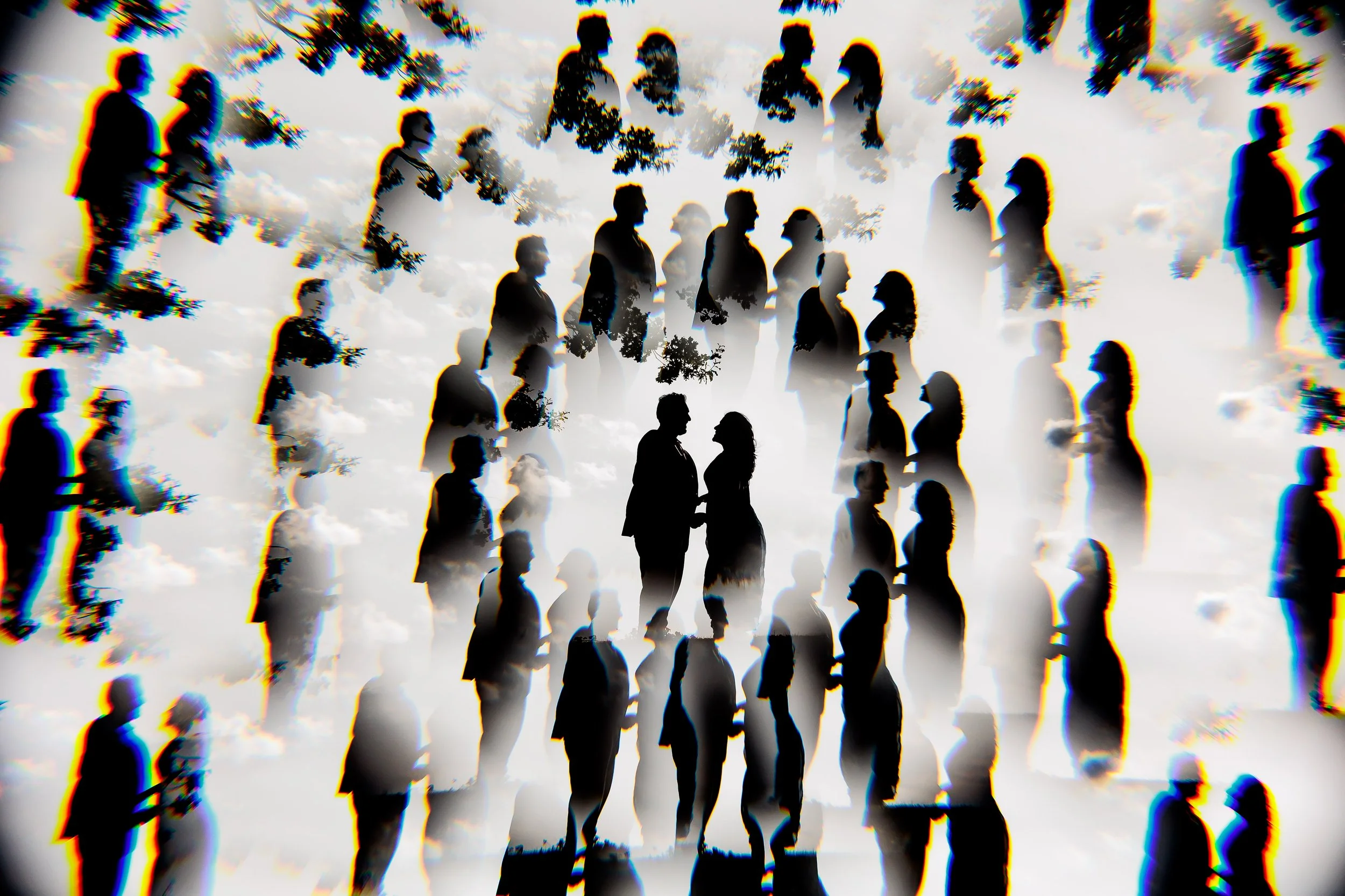 Silhouettes of multiple people in pairs, standing and facing each other, overlaid with a cloudy sky and tree branches, creating a layered, surreal scene.