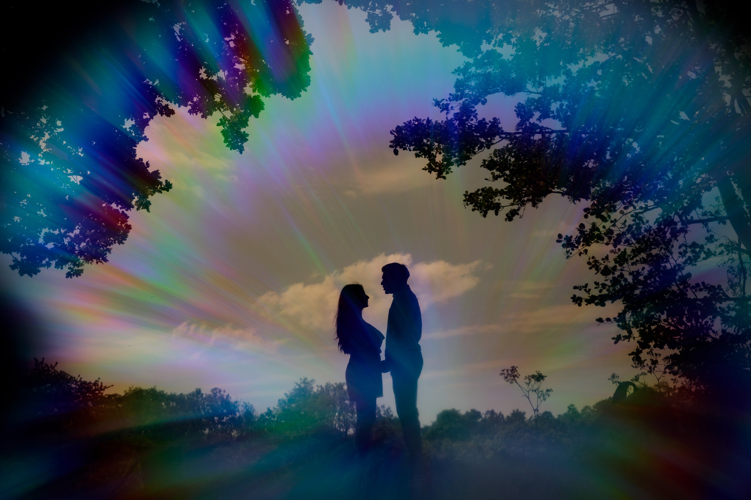 Silhouette of a couple looking at each other among trees with sunlight and rainbow effects in the sky.