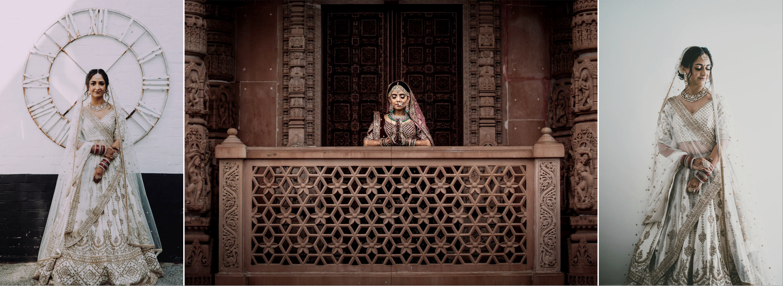 Three women dressed in traditional Indian bridal attire, with ornate jewelry and henna on their hands. The first woman stands in front of a large clock on a white wall. The second woman stands behind a carved wooden balcony on a historic building. The third woman stands against a plain white wall.