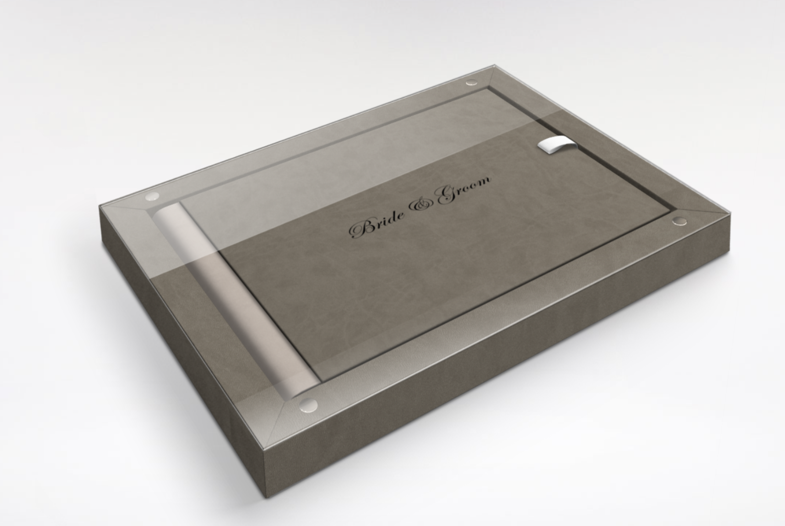 A silver tray with a glass cover labeled 'Bride & Groom' in elegant script.