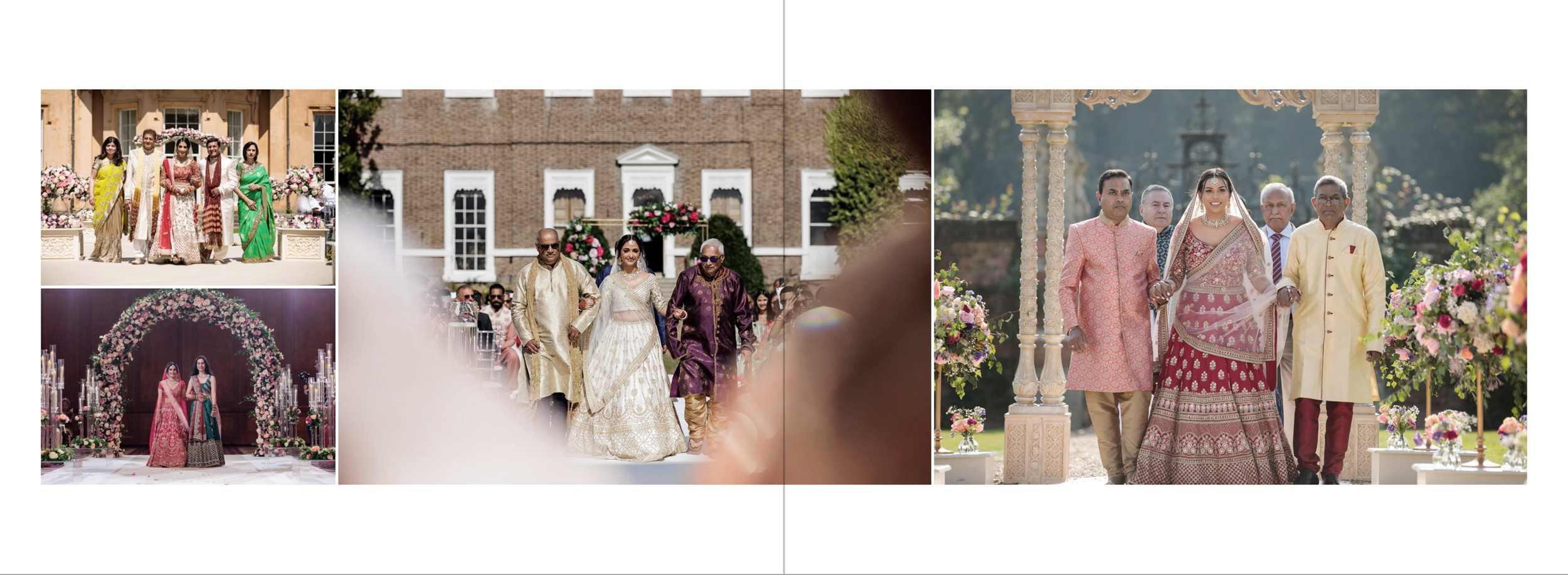 Collage of four photos from an outdoor Indian wedding, featuring bridal ceremony, groom wear, wedding party, and bride walking with family.