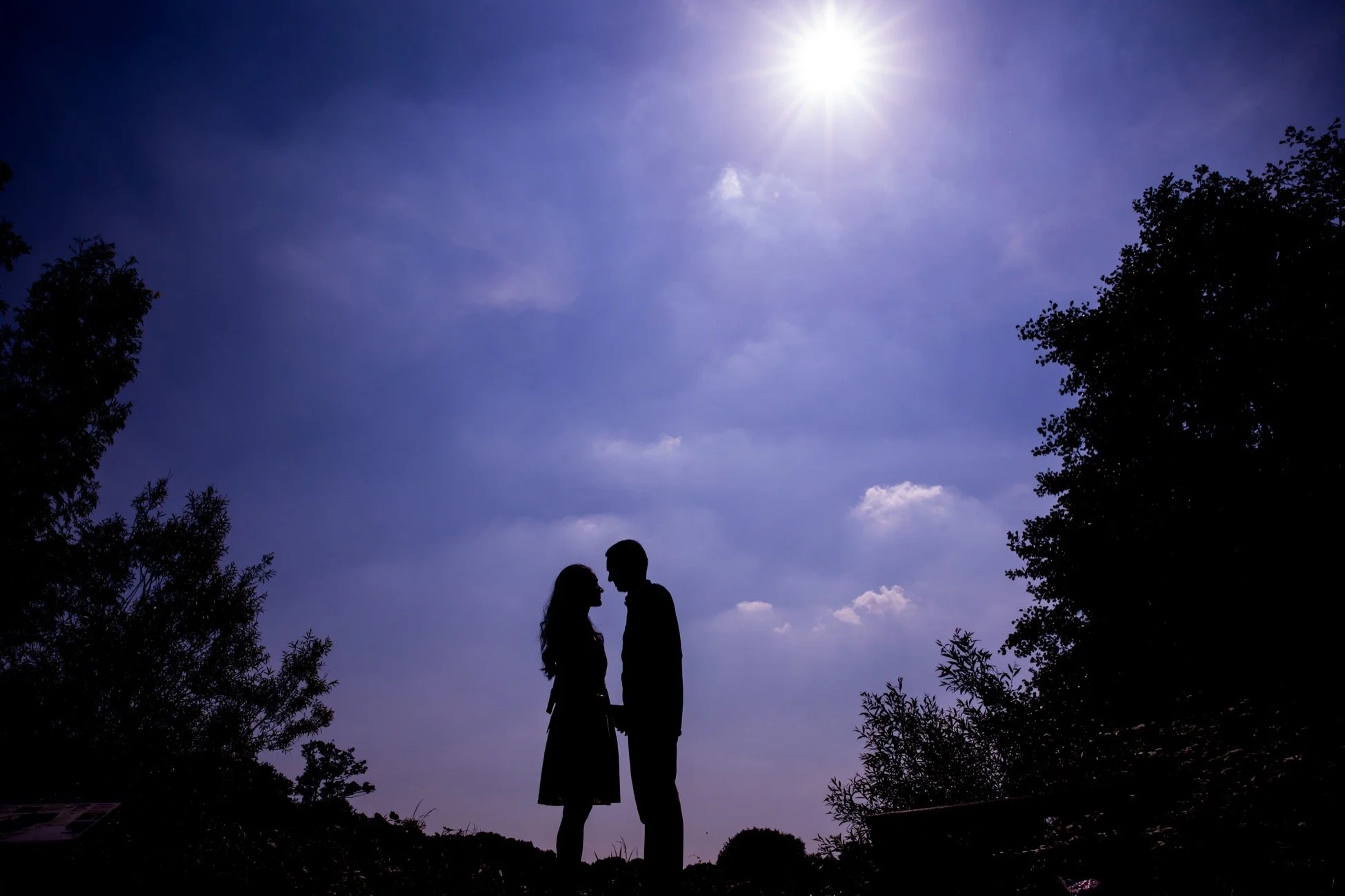 Silhouette of a couple facing each other under a bright sun with a blue sky and some trees surrounding them.