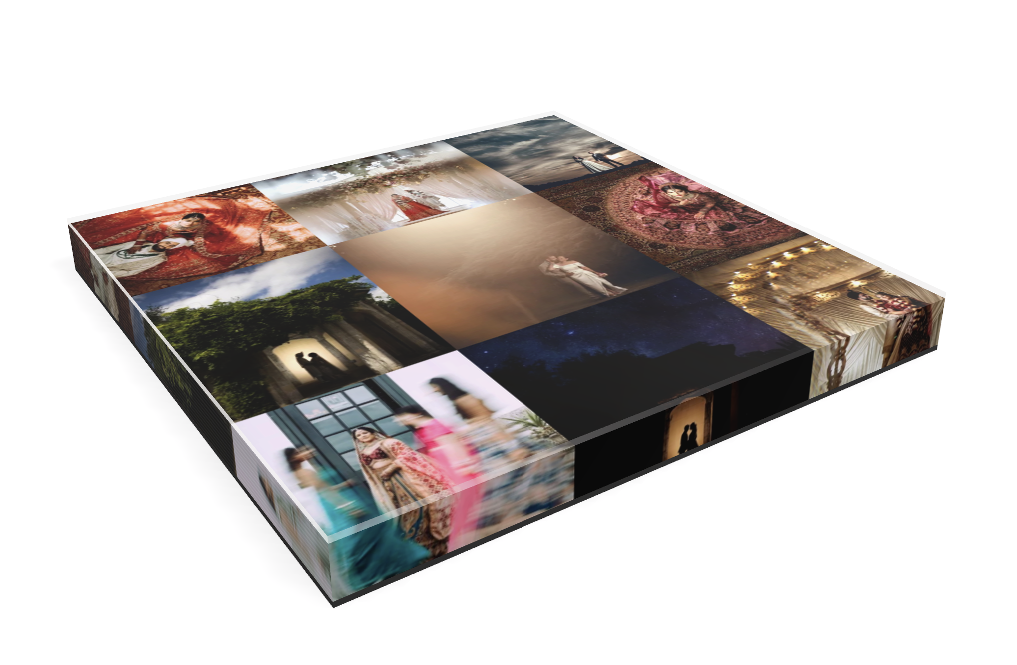 A collage of colorful photographs arranged in a 3D box format, featuring scenes of people, nature, and interior settings.