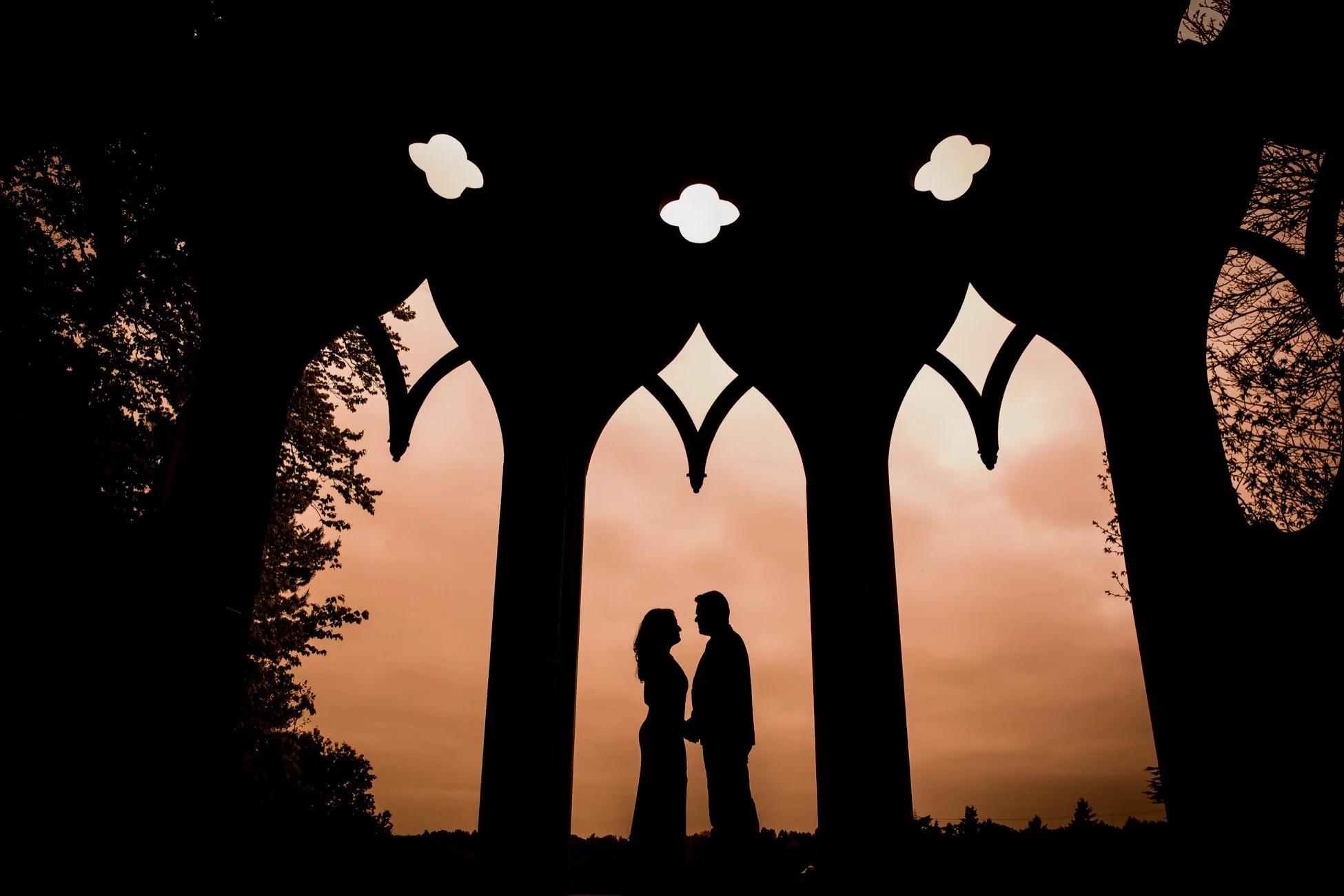 Silhouette of a couple holding hands, standing under a decorative arch at sunset with trees and warm sky in the background.