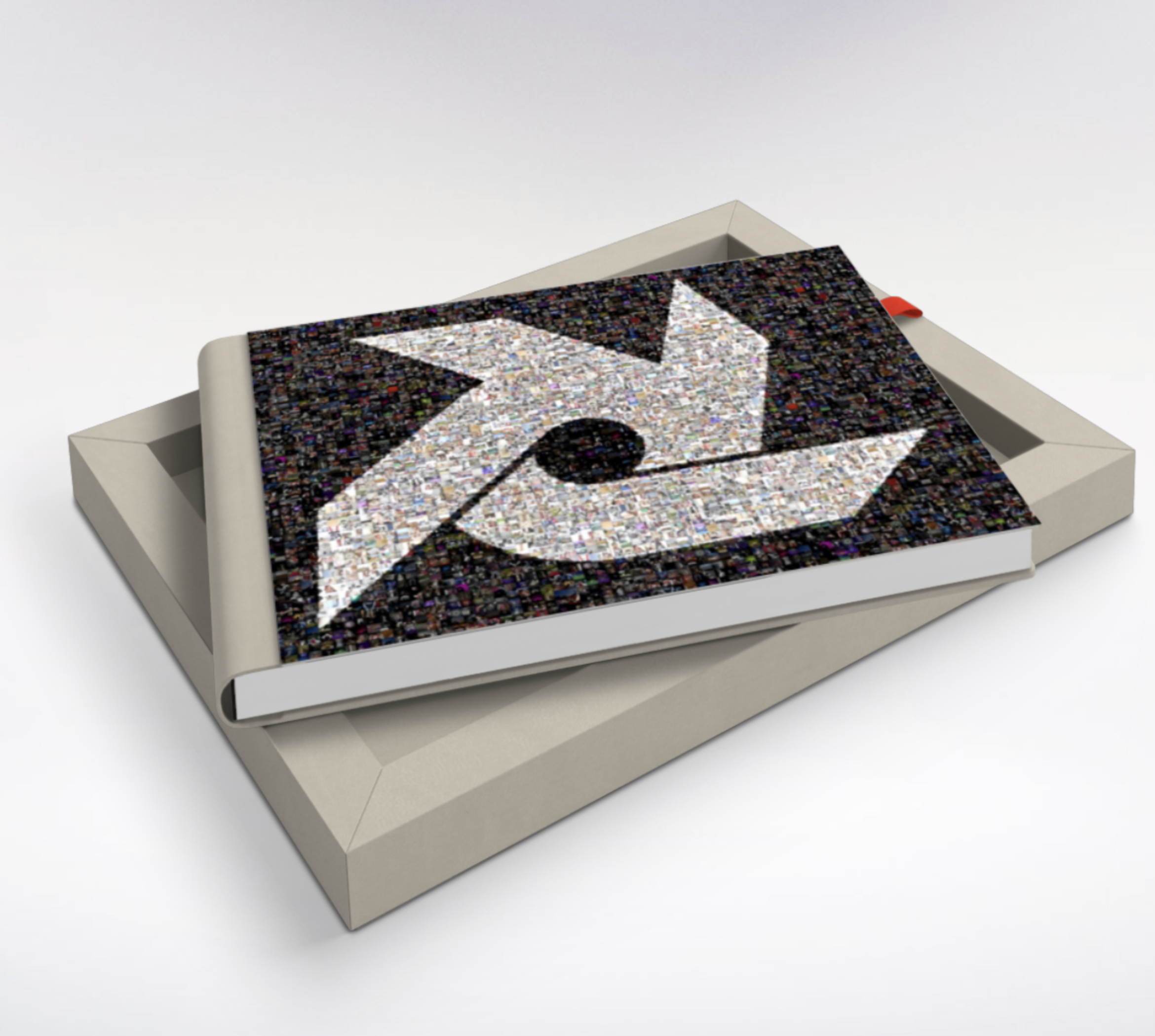 Box with a mosaic image of a YouTube play button and a musical note on top, placed on a white surface with a gray background.