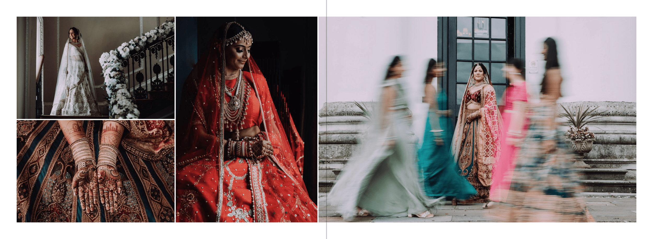 Collage of photos of an Indian bride dressed in traditional red and gold wedding attire, including a decorated dupatta, ornate jewelry, and henna designs on her hands, with blurred images of women walking by.