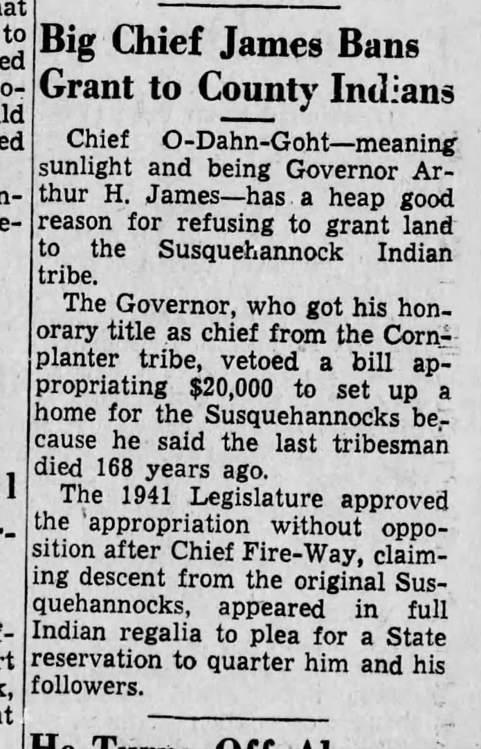 The 1941 Susquehannock Indian Reservation Bill — The ConestogaSusquehannock Tribe