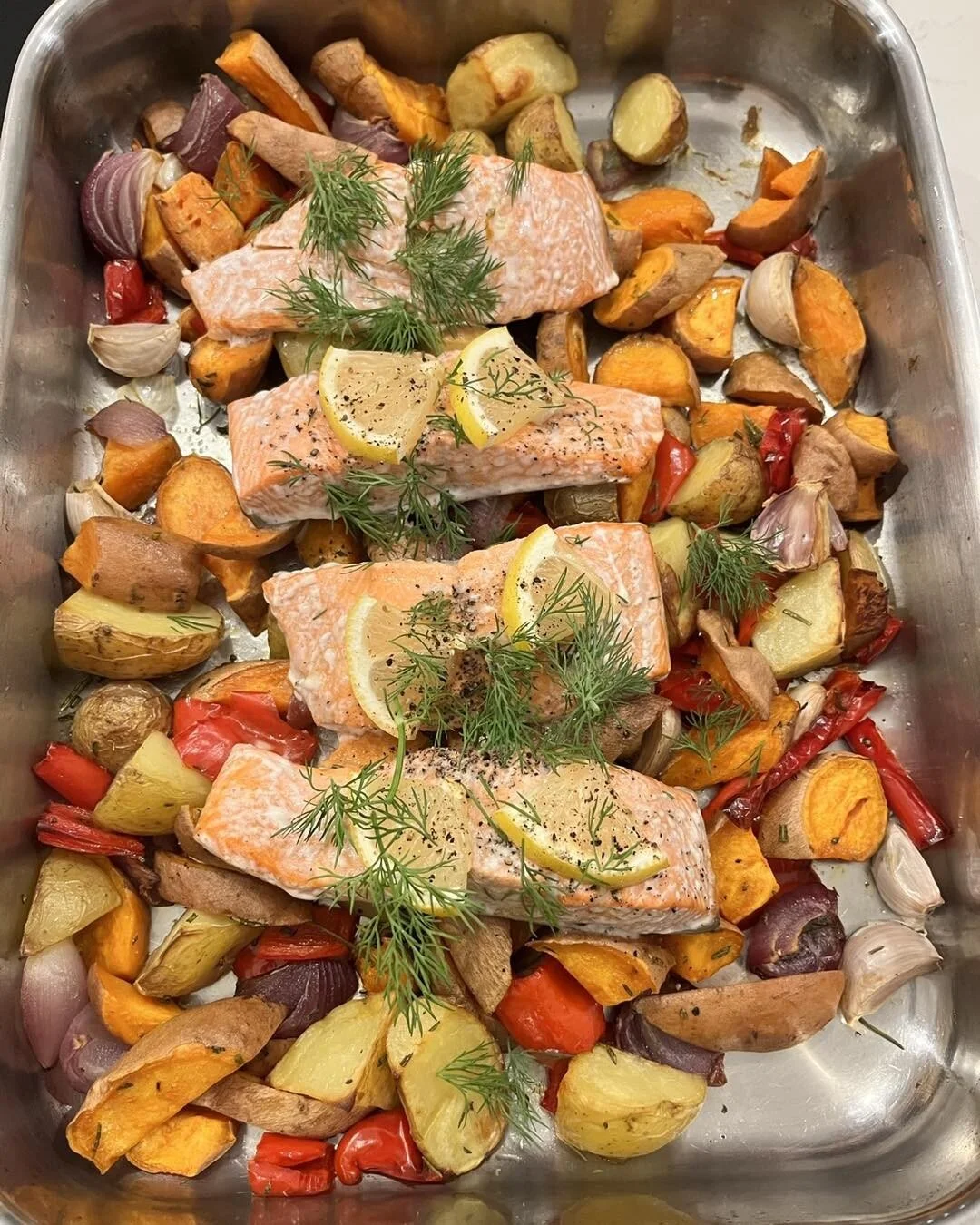 A simple weeknight supper when you just want something quick and easy

Simply roast any vegetables you have for 30 mins - medium oven 180oC

Here I used red peppers, courgettes, sweet potatoes, new potatoes with skin (extra fibre) and garlic cloves w