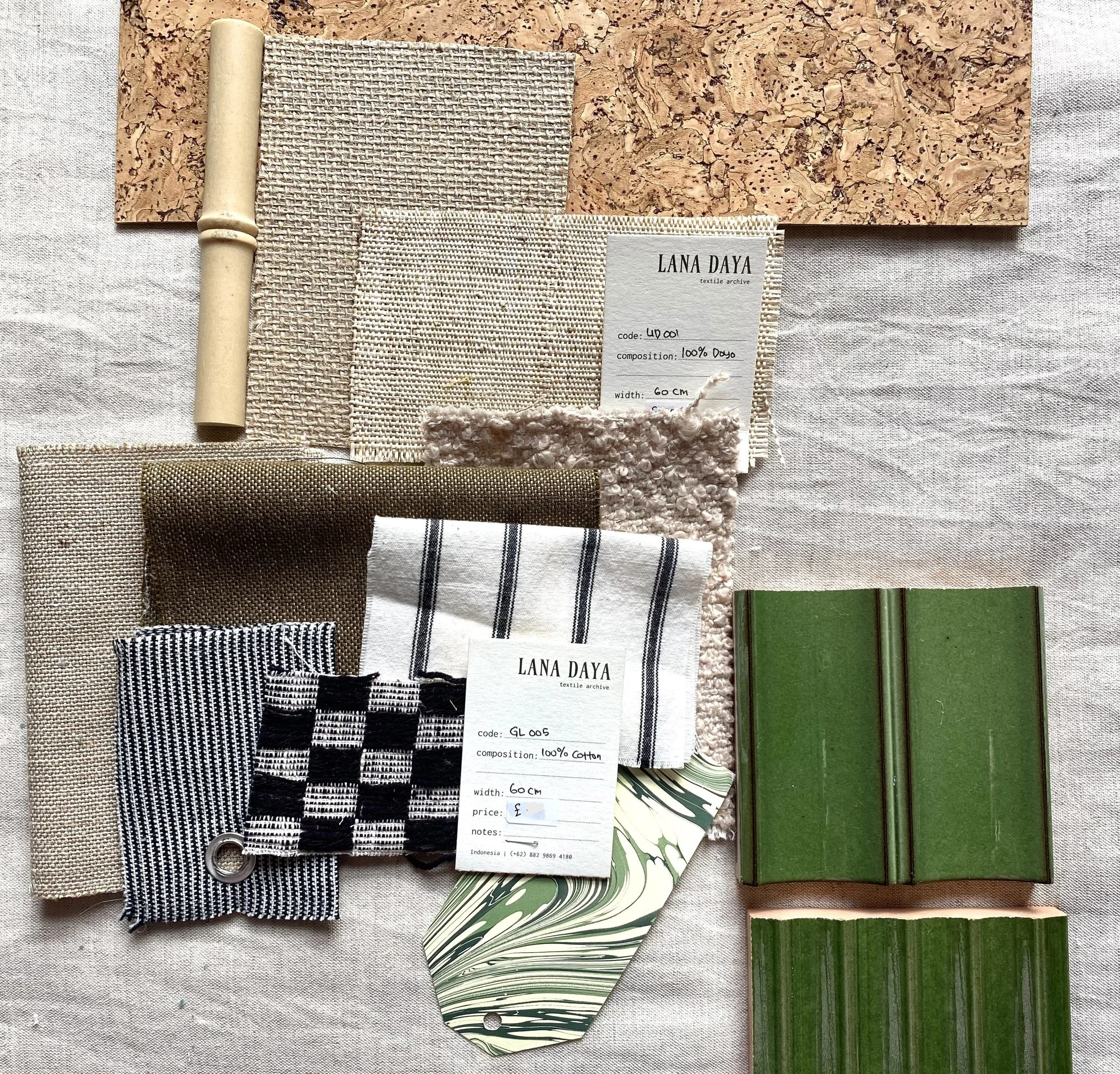 A interiors mood board of fabric swatches, dark green tiles and finishes in earthy colours and natural tones, created by Studio Percale
