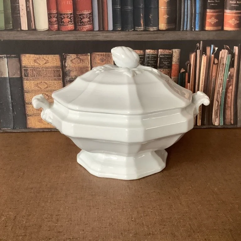 (#J255) Walled Octagon Covered Vegetable; 11-1/4” L handle to handle, 7-1/2”H; “JF” black stamped mark, c. 1860.  Fine condition with stilt marks showing inside.  $125.