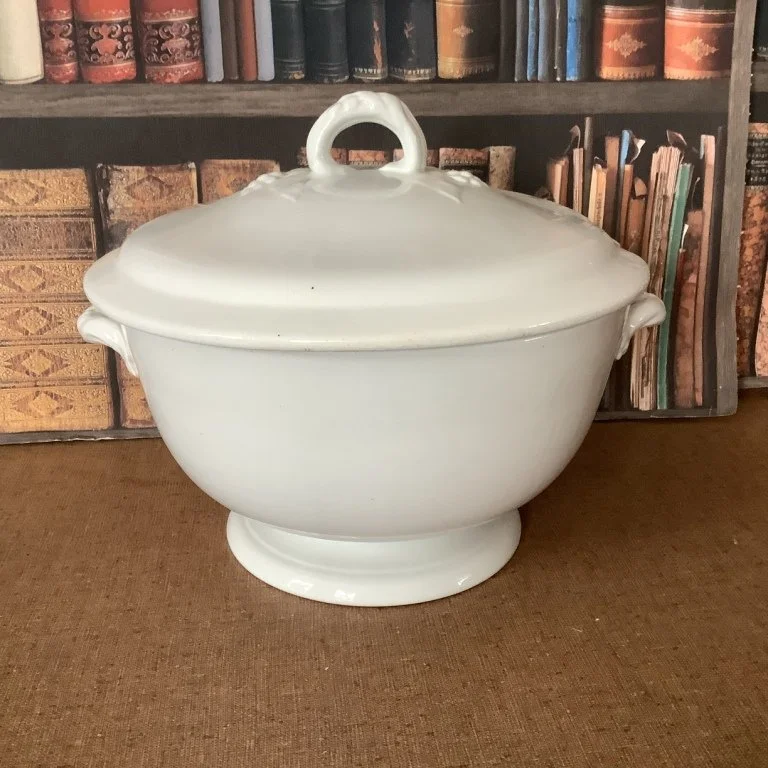 (#23.05) Challinor Punch Bowl (with lid); 8-1/4” H to top of finial, 9” diam.; black stamped and impressed marks E. & C. Challinor; c. 1860.  Fine condition.  $195.