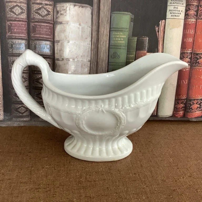 (#22.40)  Laurel Wreath/Victory Shape Gravy Boat;  8-1/4"L;  impressed Elsmore & Forster;  registered 1867.  Fine condition.  *SOLD*