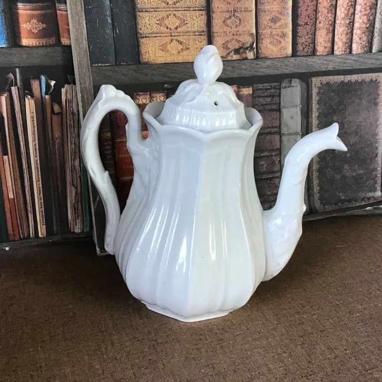 (#23.20)  Chinese Sydenham Teapot;  9-1/2”H;  impressed Anthony Shaw;  circa 1850s.  Fine condition with some inner rim flakes not seen when lid is on.  $85.
