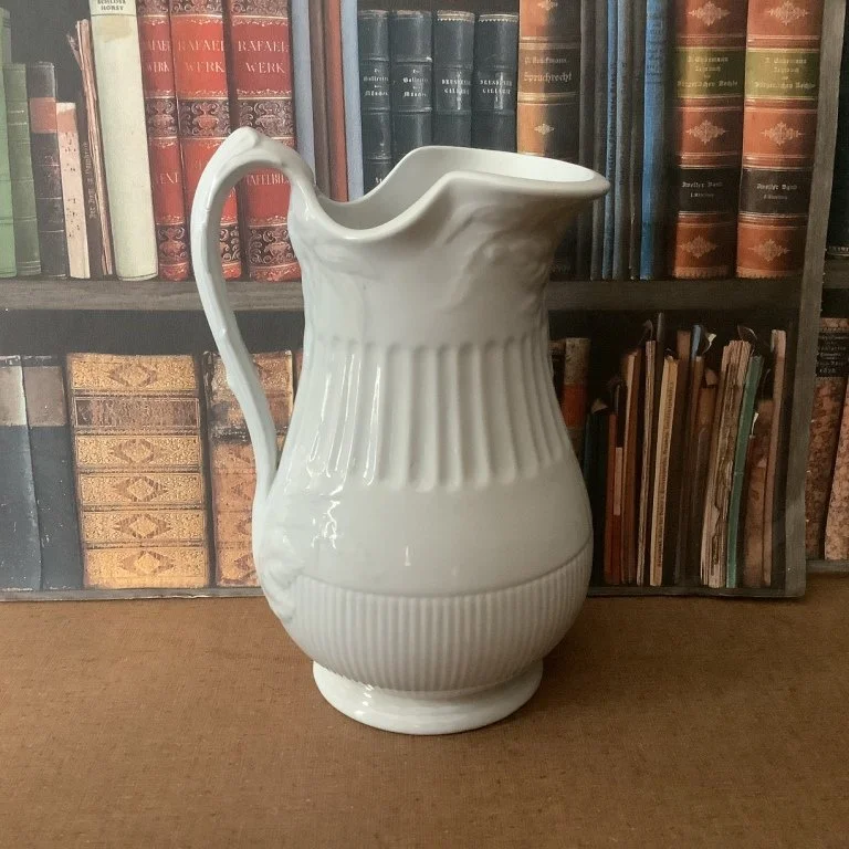 (#23.55) Ribbed Raspberry with Bloom Ewer/Wash Pitcher; 11-7/8” to top of thumbrest; black stamped mark and impressed J. & G. Meakin; c. 1860.  Fine condition with a few lines of crazing. $225.