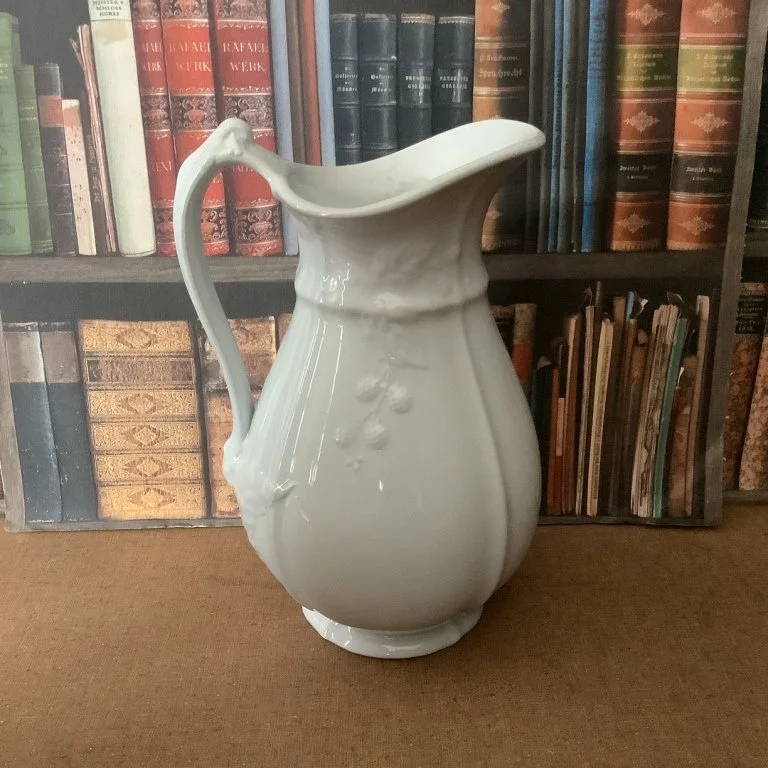 (#23.64) Potomac Ewer/Wash Pitcher; 12-1/4” H to top of thumbrest; black stamped mark Baker & Co.  Registered 1862.  Fine condition.  $125.