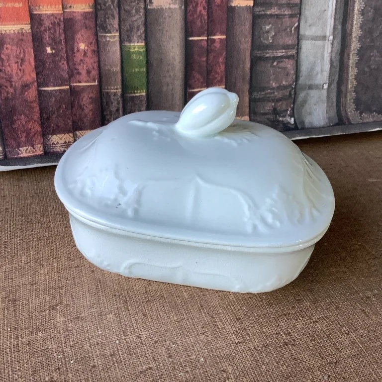 (#23.20)  Leaf Focus Soap Dish, 3 piece;  3-1/2”H, 5-1/4”L;  unmarked – attributed to Taylor Bros.; circa 1870.  Fine condition with fine crazing on base and liner.  *SOLD*