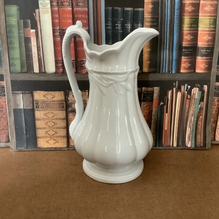 (#23.64) Ceres Shape Ewer/Wash Pitcher; 13” H to top of thumbrest; raised impressed pad mark Ceres Shape, Elsmore & Forster and also a black stamped mark.  Fine condition.  $125.
