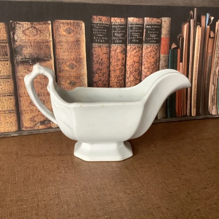 (#23.03) Square Rosebud Gravy Boat; 8” L; impressed James Edwards.  Registered 1848.  Fine condition.  *SOLD*