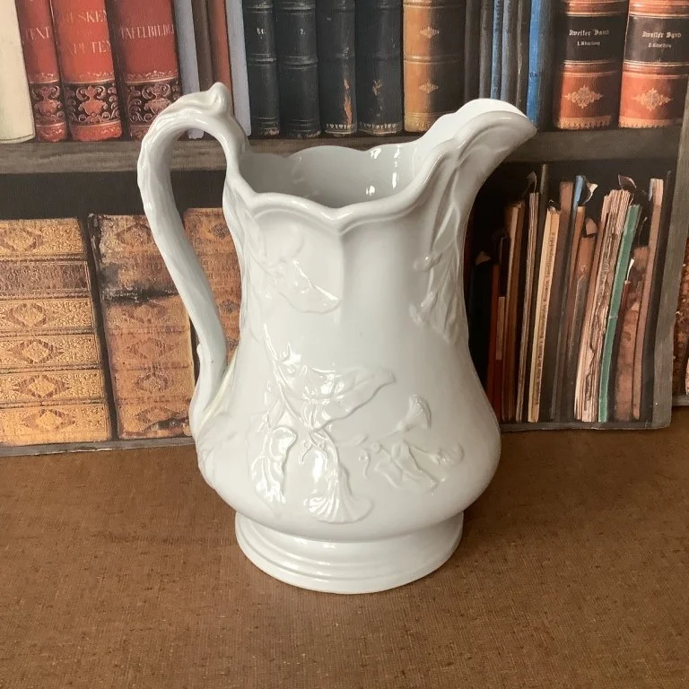 (#23.55) Morning Glory Table Pitcher; 10” H to top of thumbrest; raised impressed pad mark Elsmore & Forster, Morning Glory.  C. 1860.  $250.