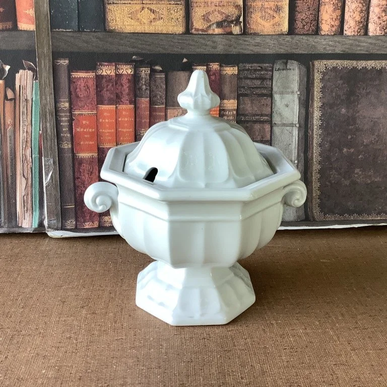 (#23.18)  Boote’s 1851 Sauce Tureen; 7-1/4”H, 7” handle to handle; impressed T&R Boote; registered 1851.  Fine condition.  *SOLD*