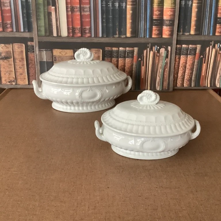 (#23.61 & #J247) Laurel Wreath/Victory Shape Covered Vegetables – NOTE:  the larger one on back left is still available

Left: 12-7/8” L handle to handle, 7-3/4“H.; raised impressed pad mark – Laurel Wreath – Elsmore & Forster; registered 1867.  Fine