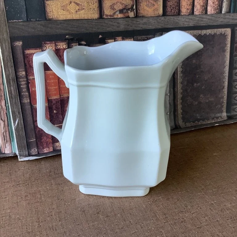 (#23.23)  Block Optic Table Pitcher;  8-1/8”H to highest point on side of pour lip;  black stamped mark – J & G Meakin;  circa 1880.  Fine condition.  $75.