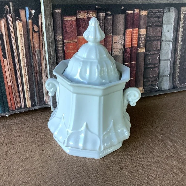 (#23.20)  Sydenham Shape Sugar Bowl;  7-1/2”H;  impressed T&R Boote – Sydenham Shape;  registered 1853-54.  Fine condition with 2 small inner rim chips which are covered when lid is on.  $85.