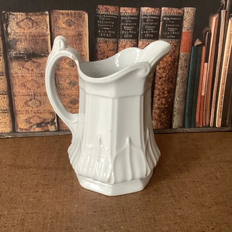 (#23.47) Sydenham Shape Small Pitcher; 5-5/8” H to center of pour spout; impressed T&R Boote Sydenham Shape; registered 1854.  Fine condition.  $95.