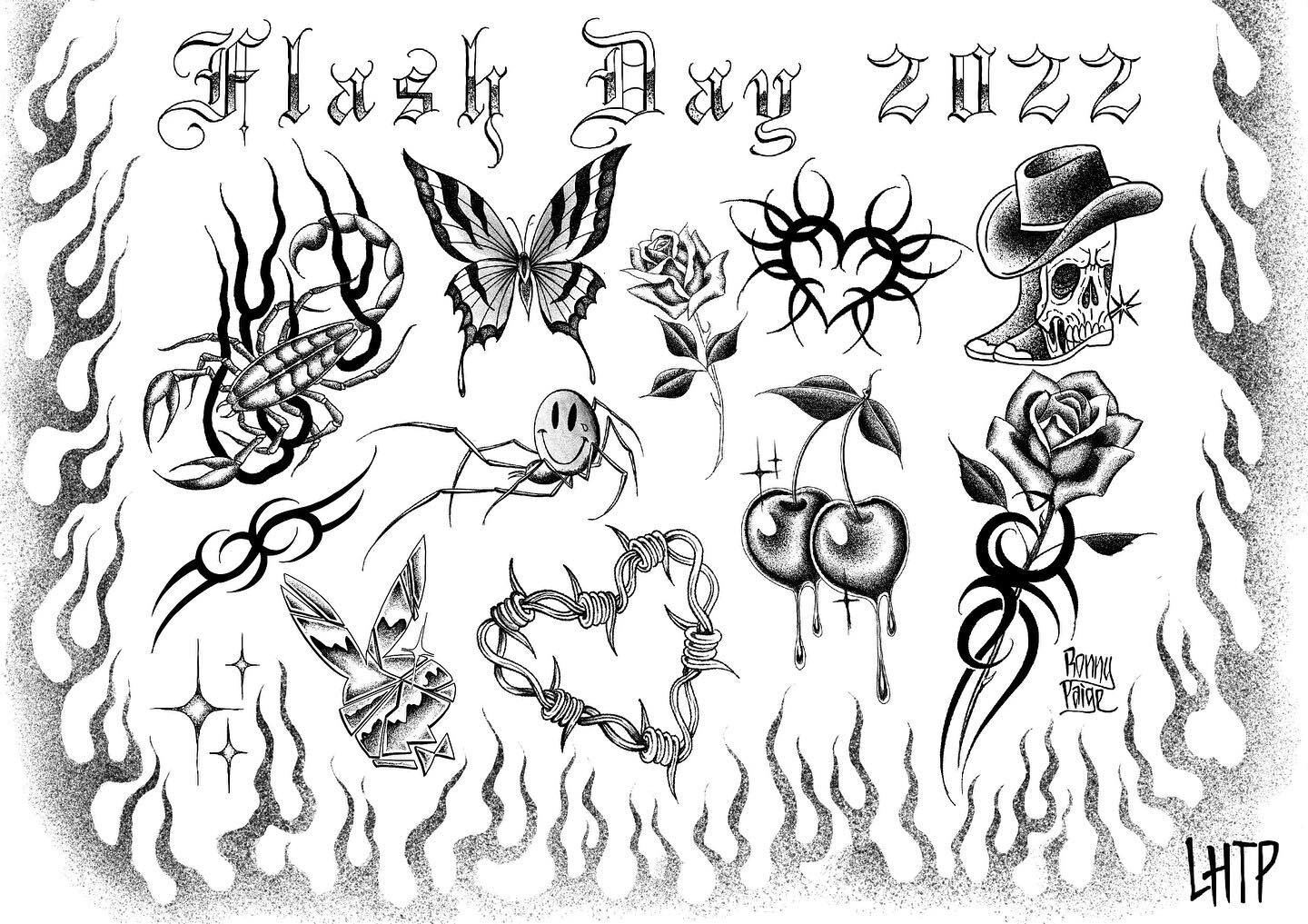 @ronnypaigetattoo flash for Saturday! Cash is preferred for the event Saturday, it&rsquo;ll keep things moving quicker and hopefully we can get everyone tattooed who wants to get one! See you there!