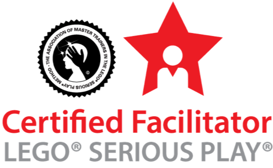 Lego serious place certified facilitator logo with mind graphic and red star with one person within it