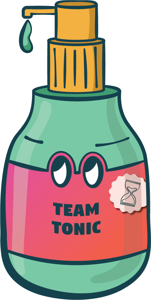 team tonic cartoon illustration of lotion bottle with eyes
