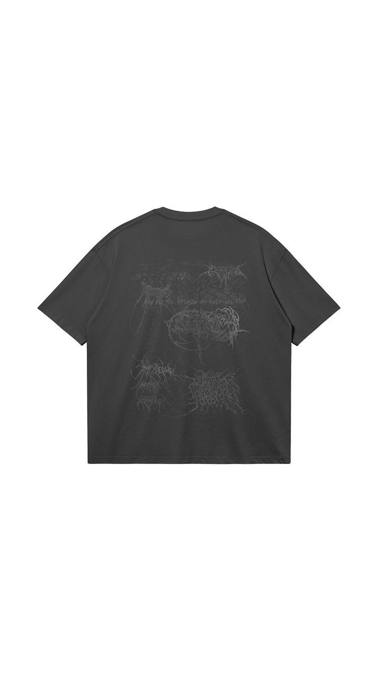 Black T-shirt with abstract, sketchy, light-colored drawings of various animals on the back.