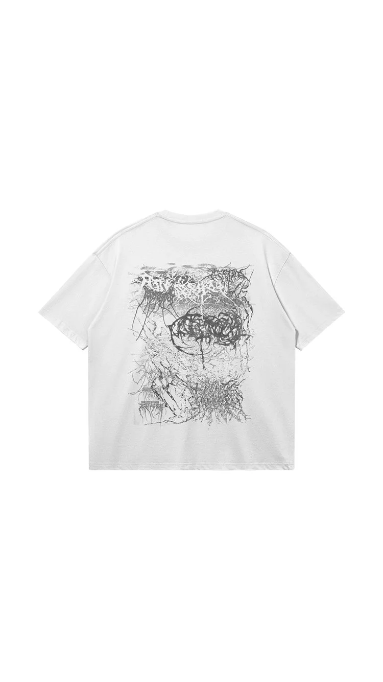 Back of a white T-shirt with abstract black graphic print resembling tangled lines and scribbles.