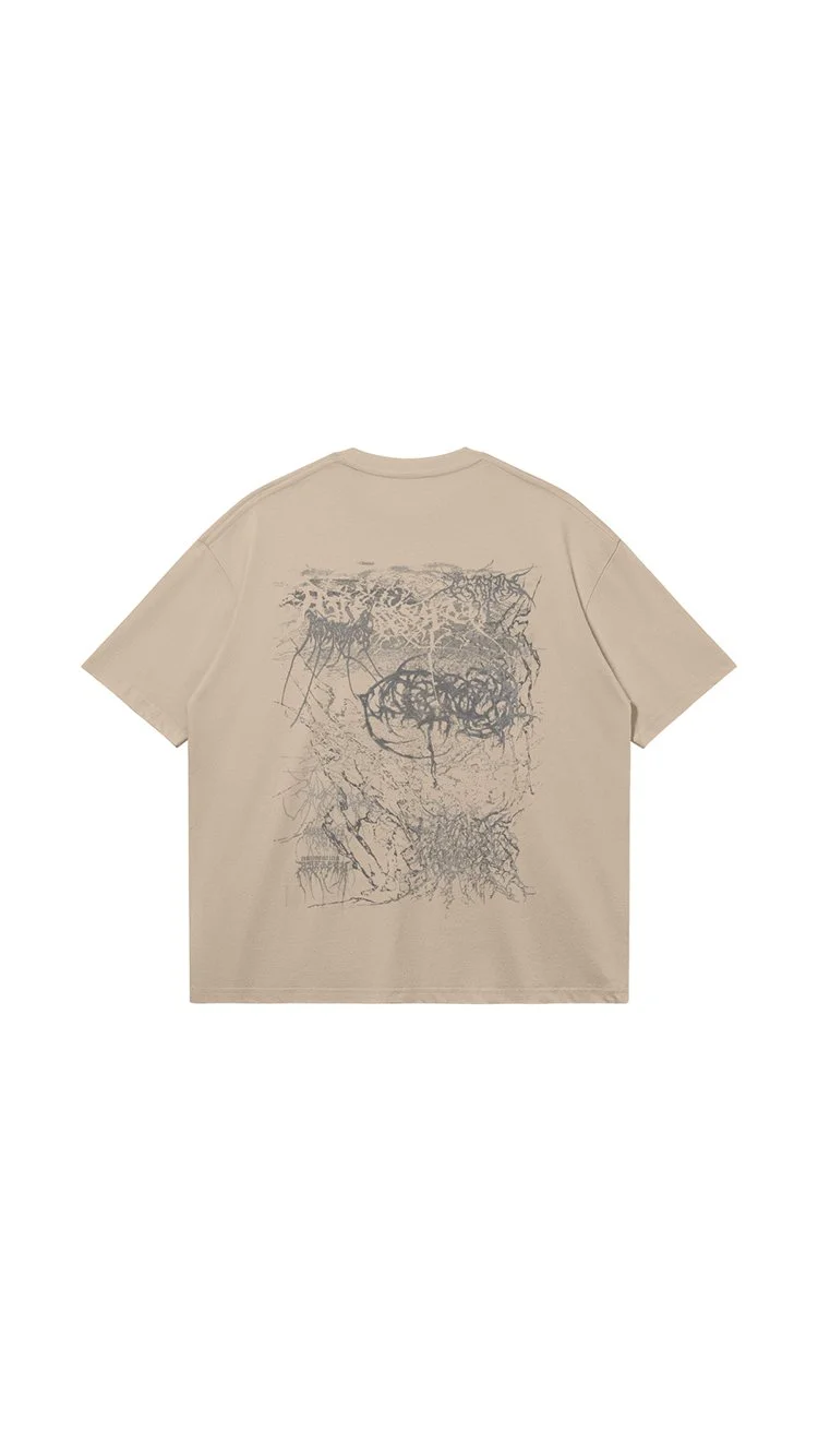 Beige t-shirt with abstract black graphic design on the back.