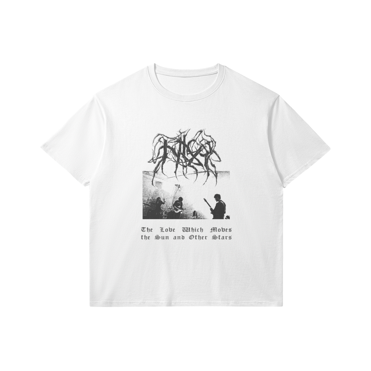 White T-shirt with black graphic design of a band performing on stage and a stylized logo above. Text below reads: "The Love Which Moves the Sun and Other Stars."
