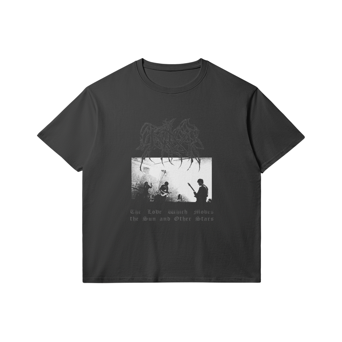 Black T-shirt featuring a grayscale photo of a band performing on stage, with text reading "The Love Witch Woes the Sun and Other Stars" below the image.
