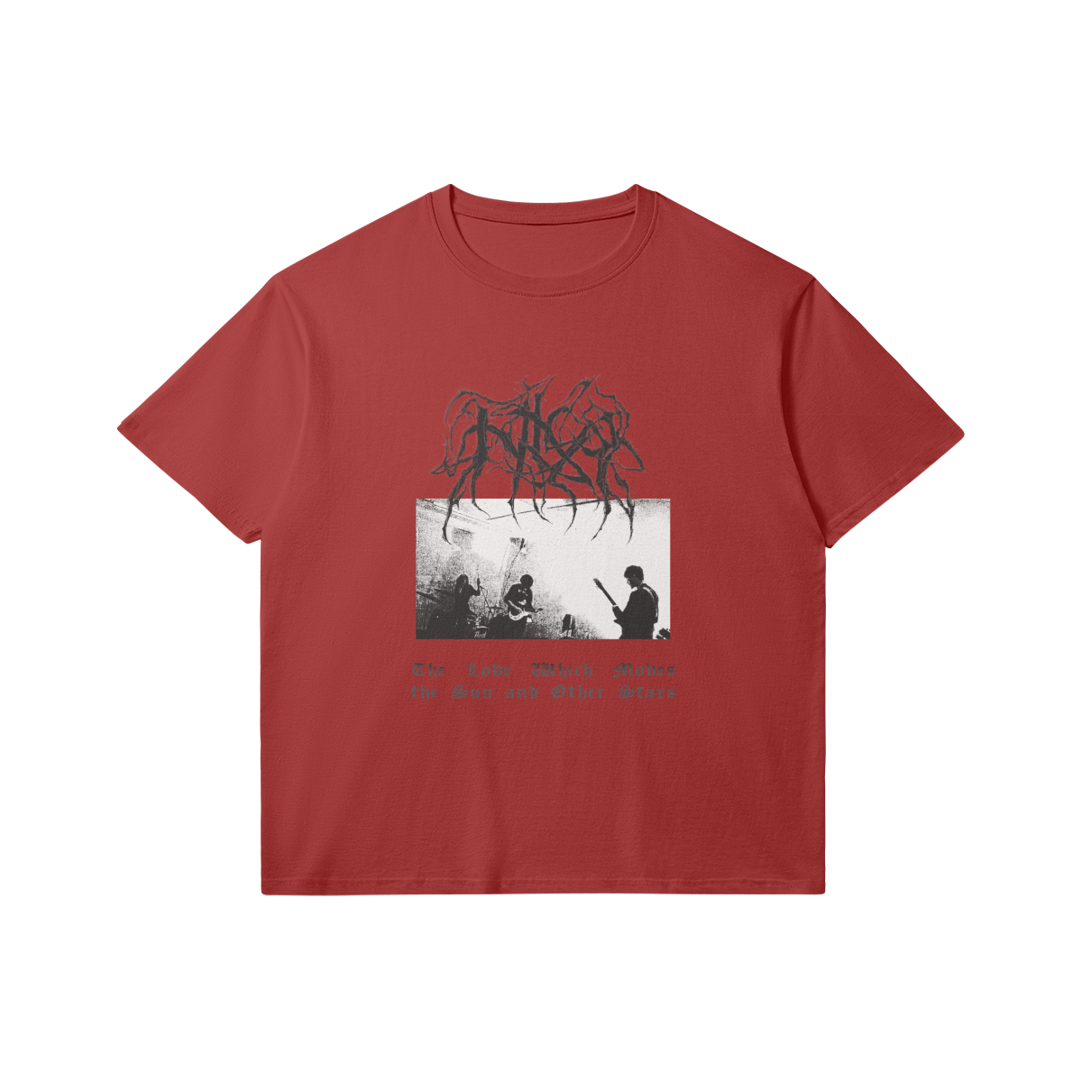 Red t-shirt with black and white band photo and text that reads 'The Love With Moves the Sun and Other Stars'.