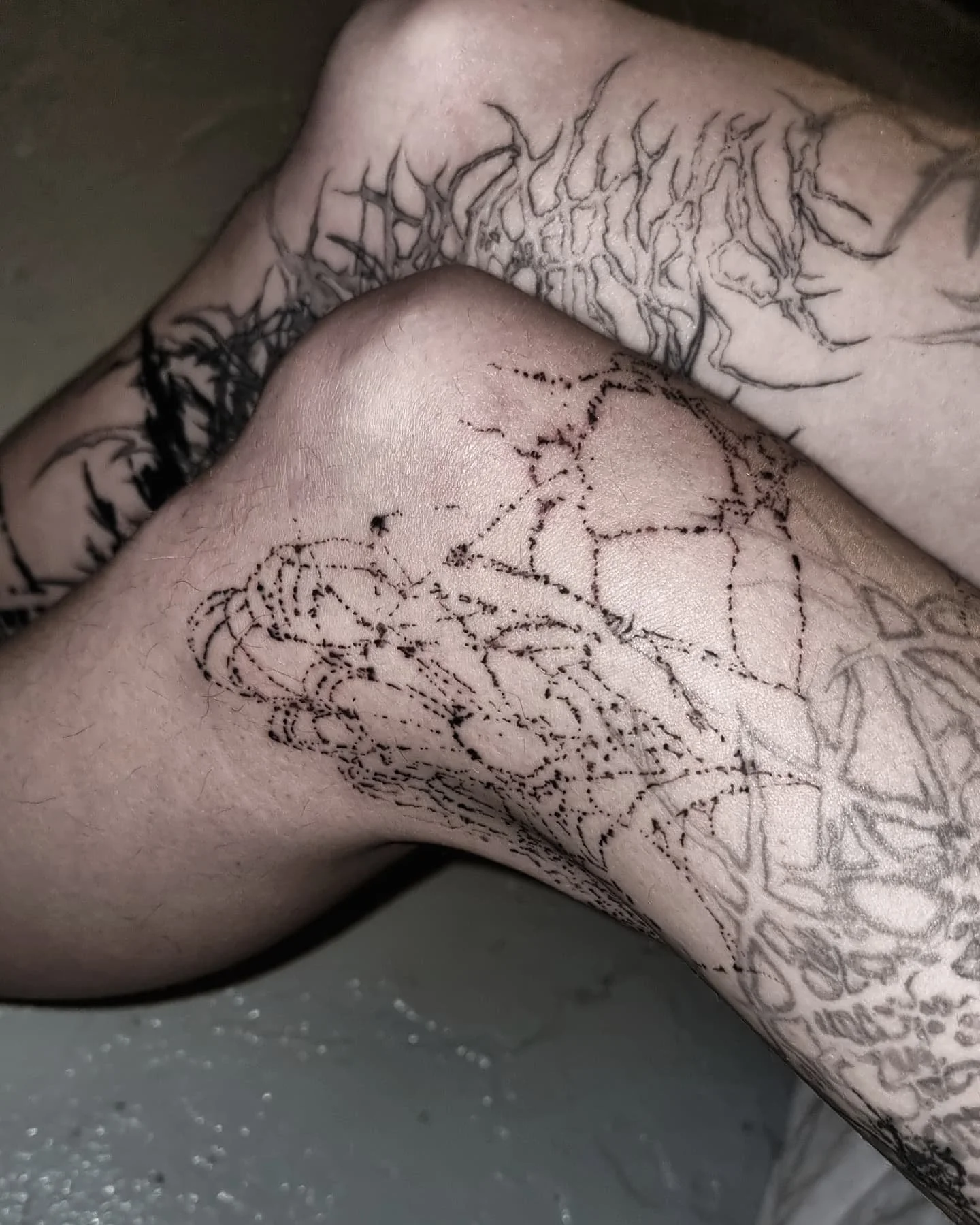 spider webs for myself (⁠&acute;⁠-⁠﹏⁠-⁠`⁠；⁠)
(i go on holiday, i tattoo myself, it's the rules)
also pictured: entirely self done healed asf thigh tats, all in grey/brown wash