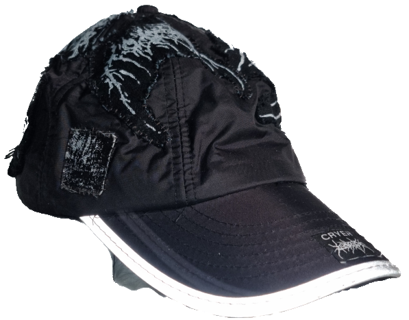 Black cap with white embroidery and a reflective brim detail.