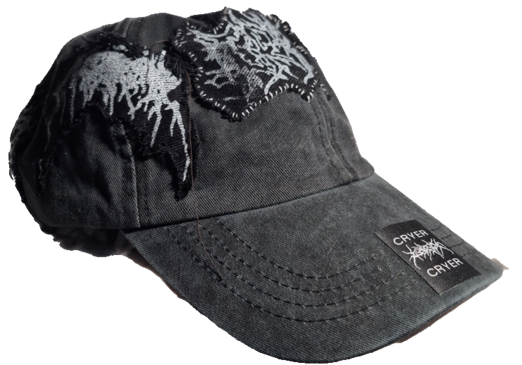 A black baseball cap with a graphic design of a dragon or demon on the front and a small patch that says 'CRYER' near the brim.