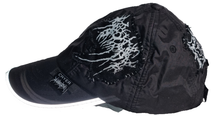 A black baseball cap with white graphic and text, and a black drawstring bag with the same graphic and text.
