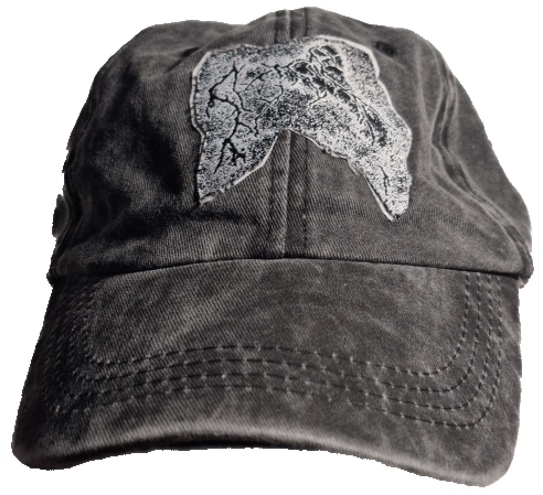 Black baseball cap with a distressed look and a white outline of a dog's head embroidered on the front.