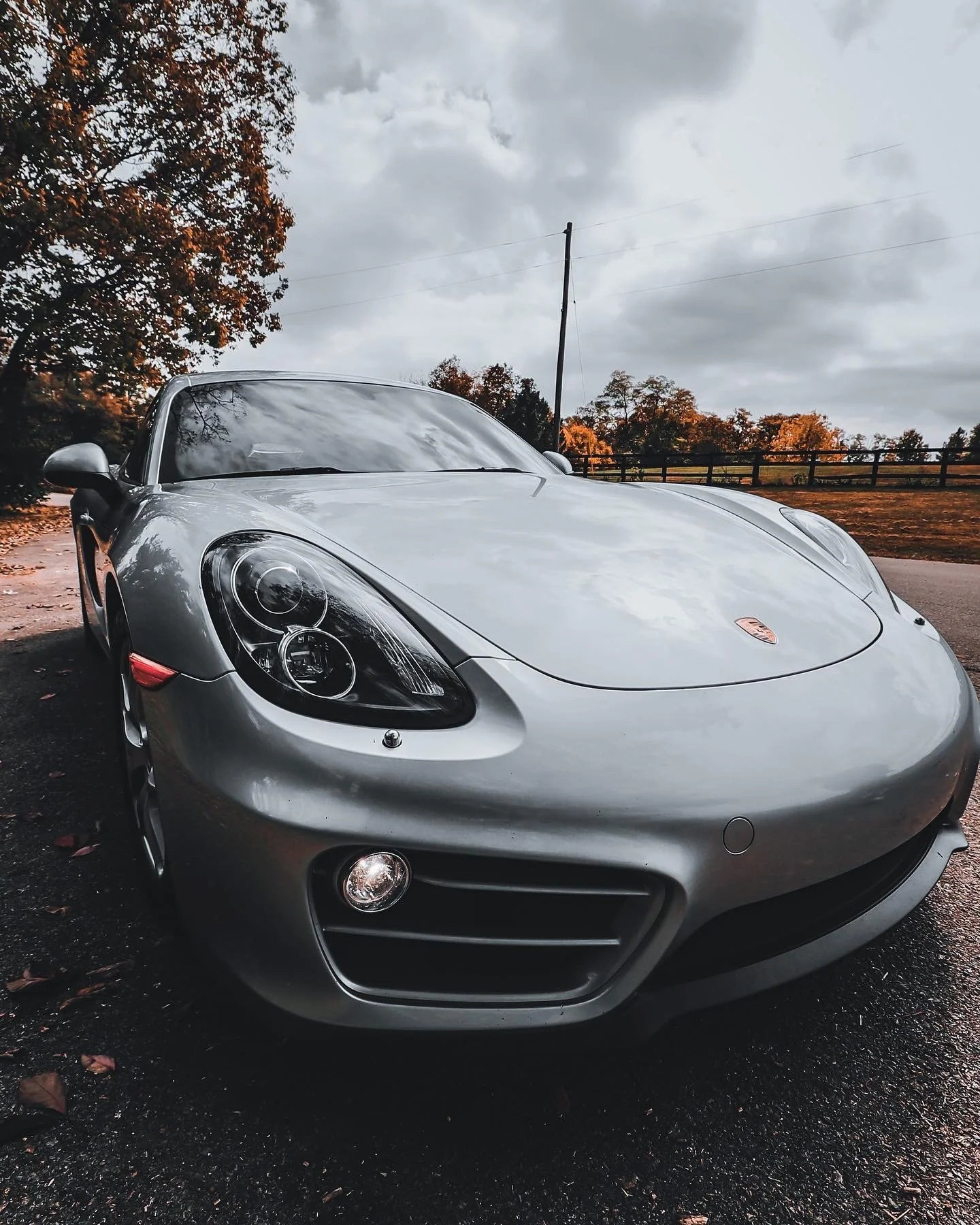 Silver sports car parked on a road with autumn trees and cloudy sky in the background.
