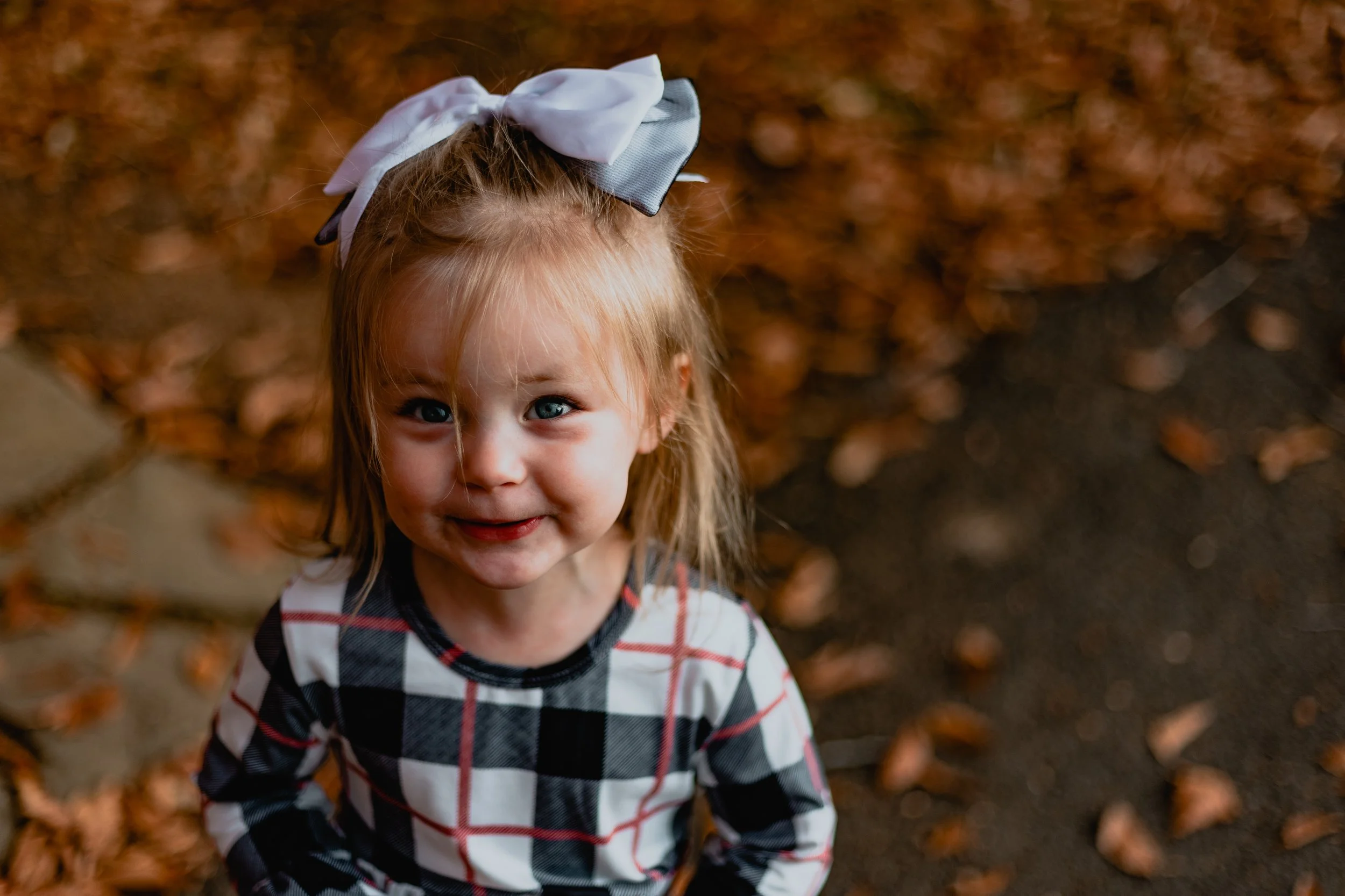 Little girl in a checkered dress with a large bow in her hair, surrounded by fallen leaves.