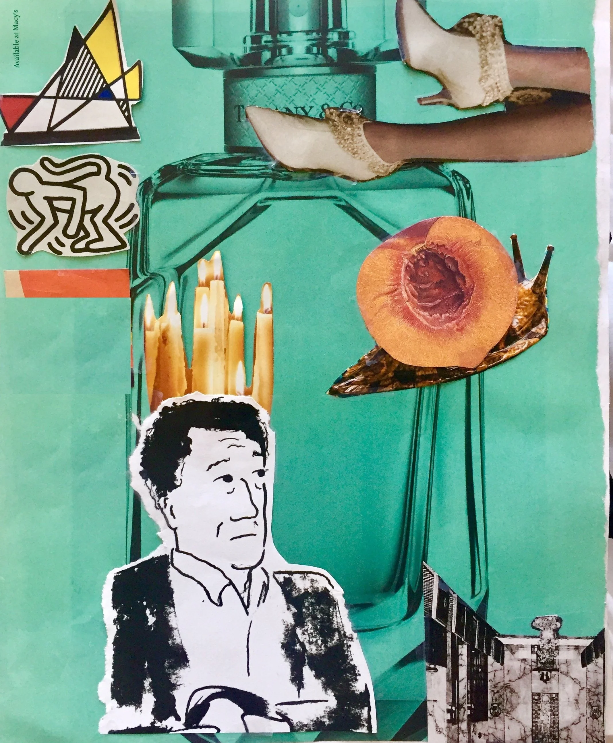 Collage of various objects and illustrations on a teal background, including a black and white illustration of a person, a colorful geometric sticker, a cutout of a peach, a blue perfume bottle, and architectural elements.