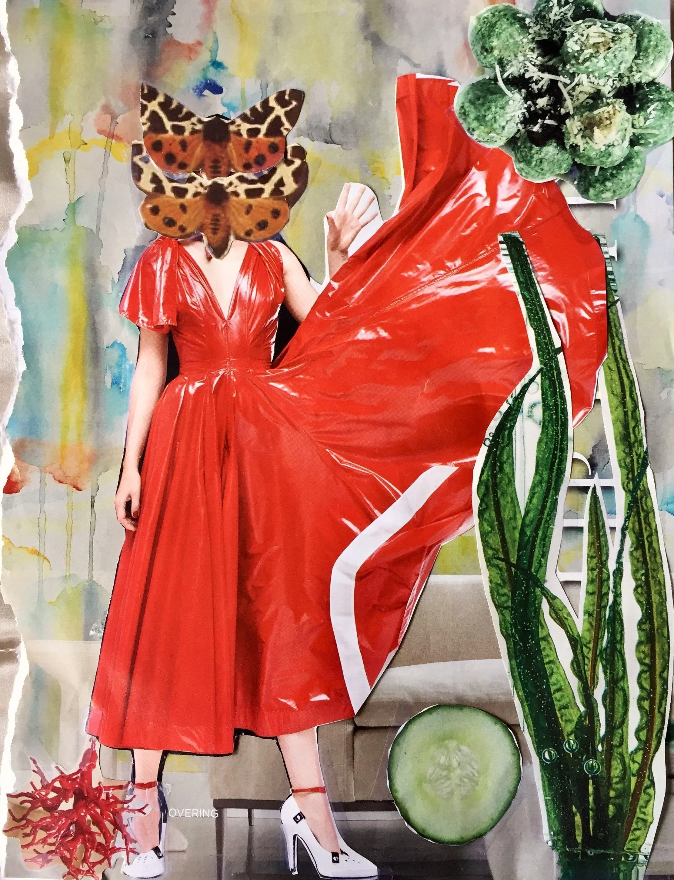 Collage combining a red shiny dress, a paper cutout of a woman's large hand, two butterflies, cucumbers, a red decorative plant, and a leafy green houseplant. The background has watercolor-like multicolored washes.